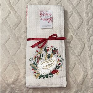 Embroidered Swan Queen White Red Christmas Holiday Tea Kitchen Towels set of 3